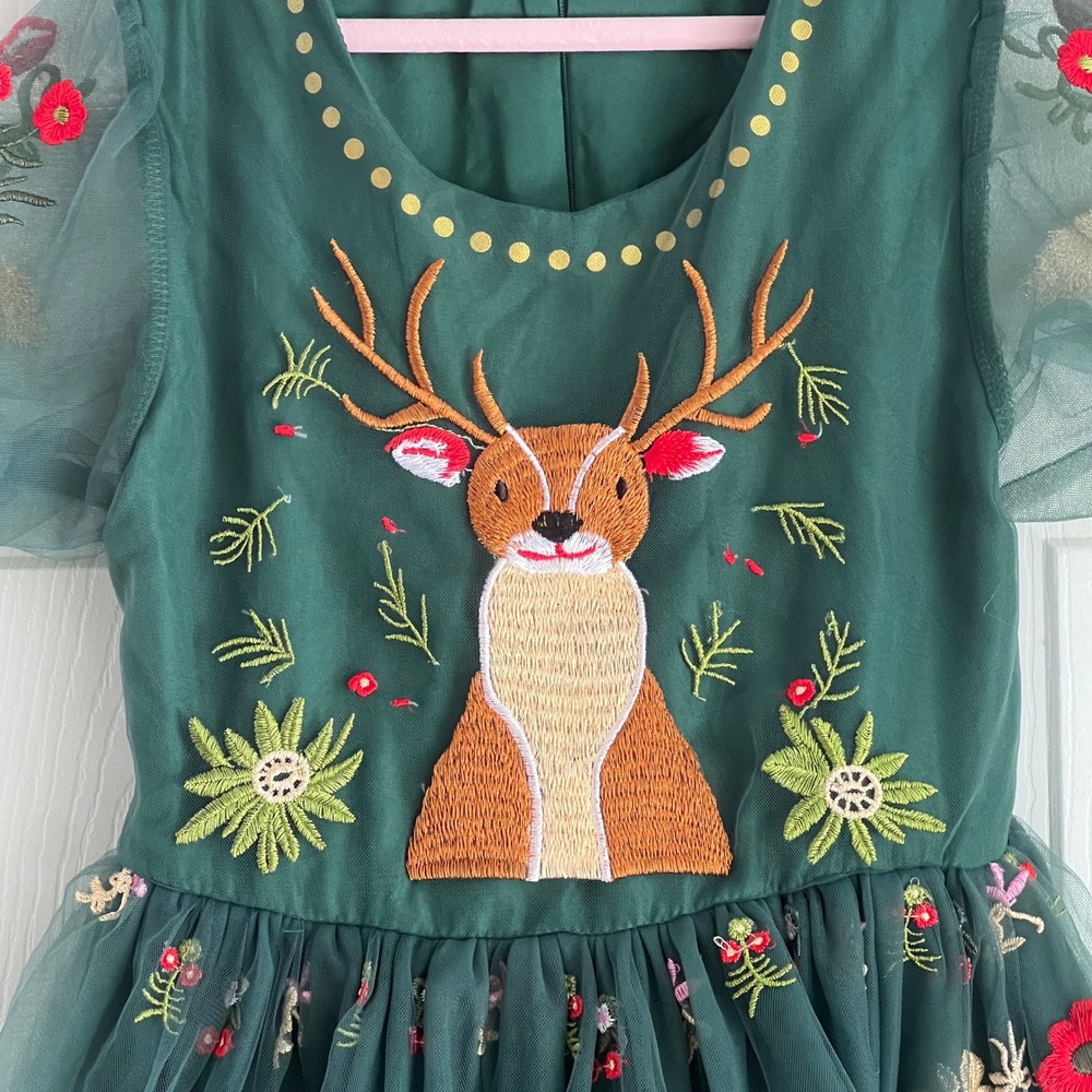 Mini Taylor Reindeer Floral Tulle Dress 7-8Y Girls‎ Forest Green Christmas Party - Picture 7 of 12